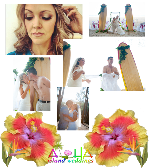 photo of the wedding couple woth the surfboards and ceremony setup